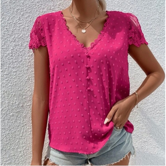 Tops - Elegant Sheer Mesh Swiss Dot Floral Lace Top Blouse Shirt Hot Pink